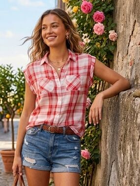 ⭐️3/$25⭐️ NWT Kenneth Cole Reaction Plaid Sleeveless Button-down Sheer B…